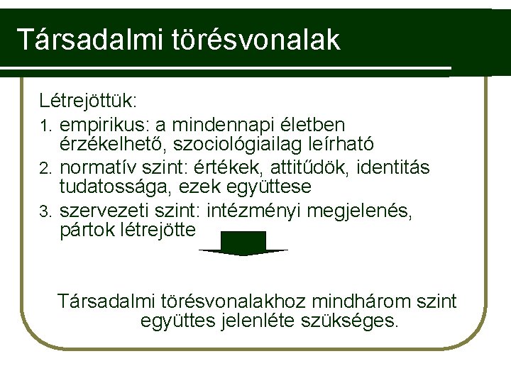 Társadalmi törésvonalak Létrejöttük: 1. empirikus: a mindennapi életben érzékelhető, szociológiailag leírható 2. normatív szint: