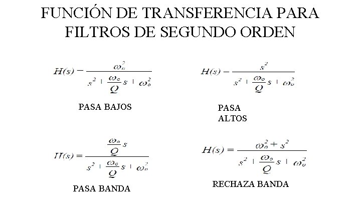 FUNCIÓN DE TRANSFERENCIA PARA FILTROS DE SEGUNDO ORDEN PASA BAJOS PASA BANDA PASA ALTOS