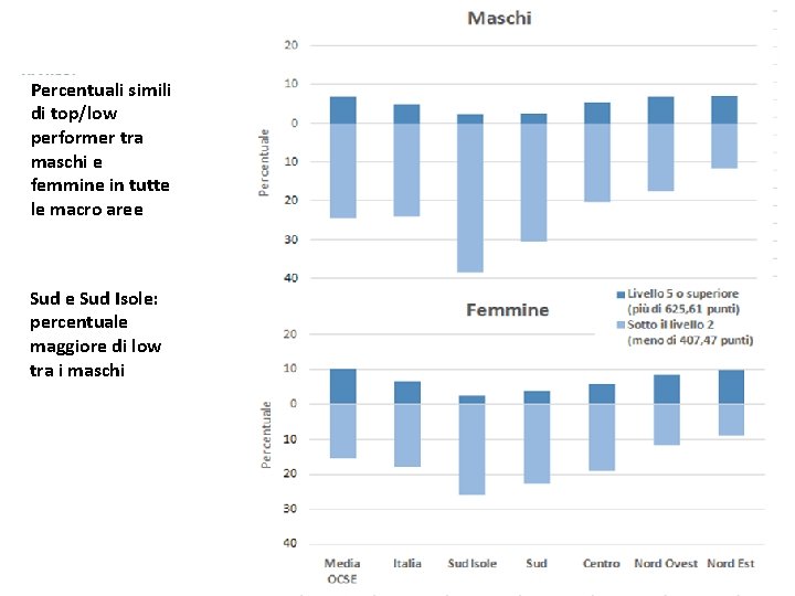 Percentuali simili di top/low performer tra maschi e femmine in tutte le macro aree