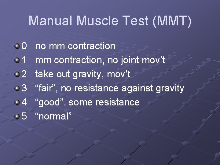 Manual Muscle Test (MMT) 0 1 2 3 4 5 no mm contraction, no