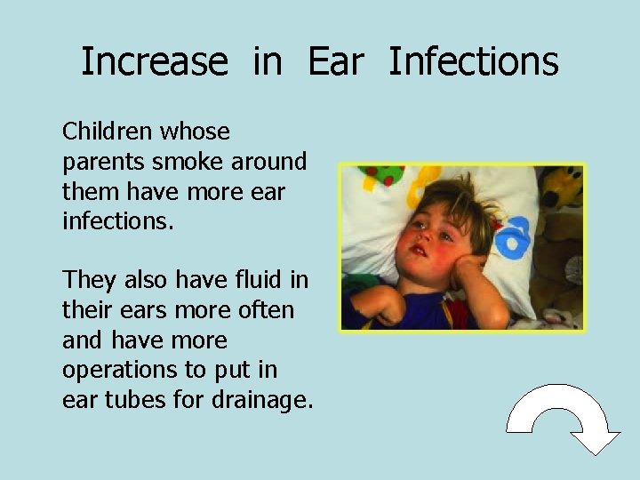 Increase in Ear Infections Children whose parents smoke around them have more ear infections.