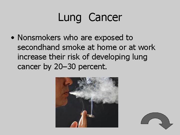 Lung Cancer • Nonsmokers who are exposed to secondhand smoke at home or at