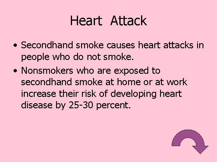 Heart Attack • Secondhand smoke causes heart attacks in people who do not smoke.