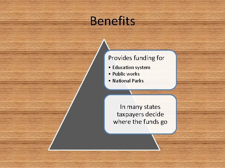 Benefits Provides funding for • Education system • Public works • National Parks In