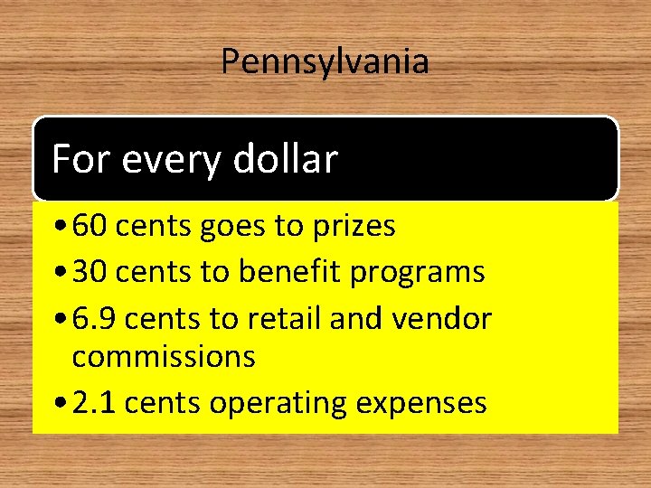 Pennsylvania For every dollar • 60 cents goes to prizes • 30 cents to