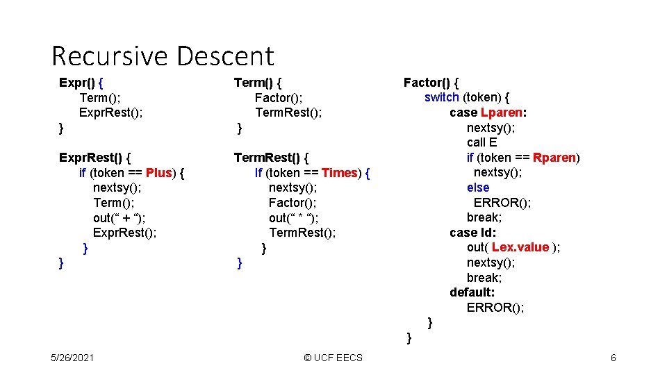 Recursive Descent Expr() { Term(); Expr. Rest(); } Term() { Factor(); Term. Rest(); }