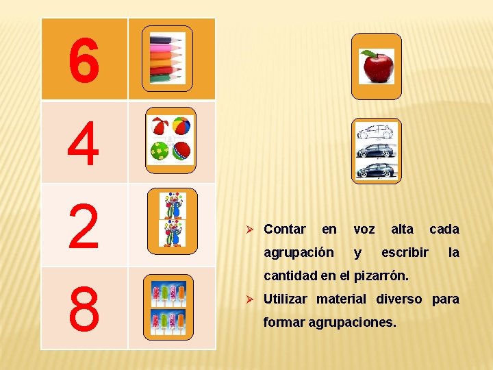 6 4 2 8 Ø Contar en agrupación voz y alta escribir cada la