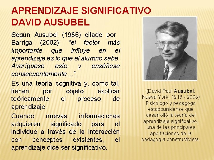 APRENDIZAJE SIGNIFICATIVO DAVID AUSUBEL Según Ausubel (1986) citado por Barriga (2002): “el factor más