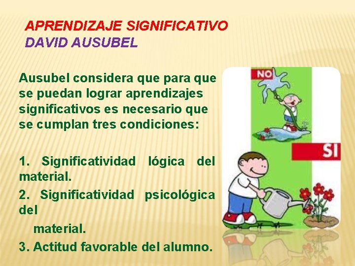 APRENDIZAJE SIGNIFICATIVO DAVID AUSUBEL Ausubel considera que para que se puedan lograr aprendizajes significativos