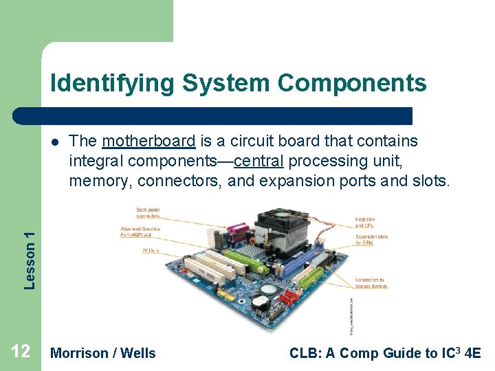 Identifying System Components The motherboard is a circuit board that contains integral components—central processing