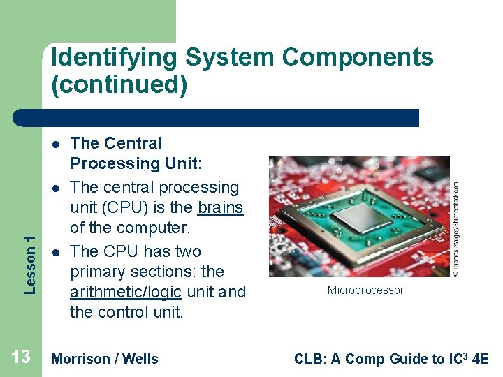 Identifying System Components (continued) l Lesson 1 l 13 l The Central Processing Unit: