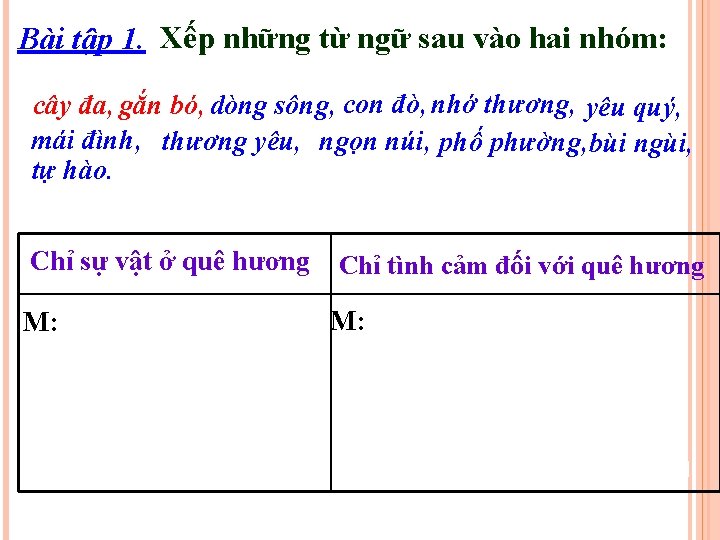 Bài tập 1. Xếp những từ ngữ sau vào hai nhóm: cây đa, gắn