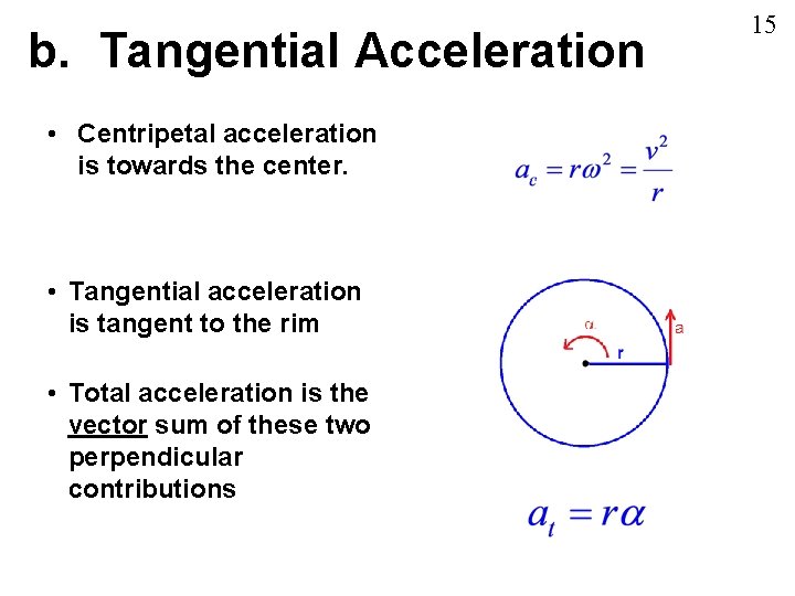 b. Tangential Acceleration • Centripetal acceleration is towards the center. • Tangential acceleration is