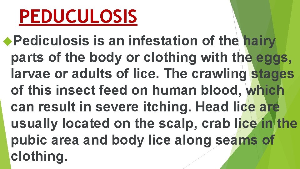 PEDUCULOSIS Pediculosis is an infestation of the hairy parts of the body or clothing PEDUCULOSIS Pediculosis is an infestation of the hairy parts of the body or clothing