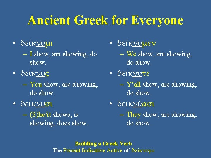 Ancient Greek for Everyone • δείκνυμι – I show, am showing, do show. •