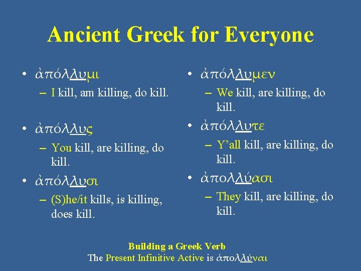 Ancient Greek for Everyone • ἀπόλλυμι – I kill, am killing, do kill. •
