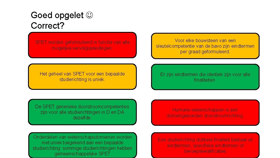 Goed opgelet Correct? SPET worden geformuleerd in functie van alle mogelijke vervolgopleidingen. Voor elke