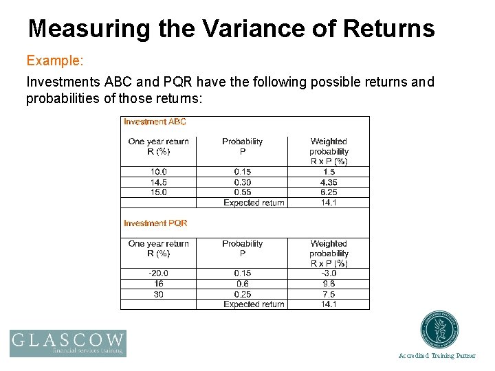 Measuring the Variance of Returns Example: Investments ABC and PQR have the following possible