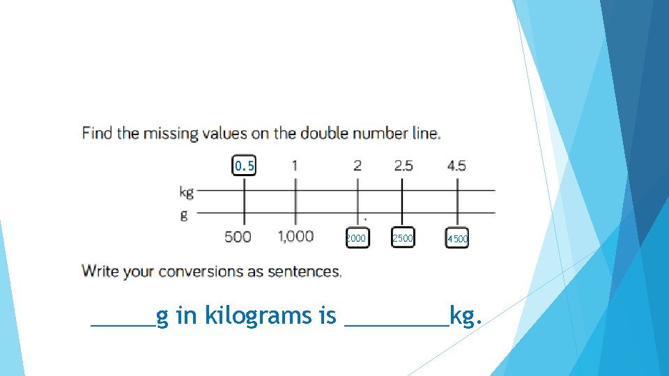 0. 5 2000 2500 4500 _____g in kilograms is ____kg. 