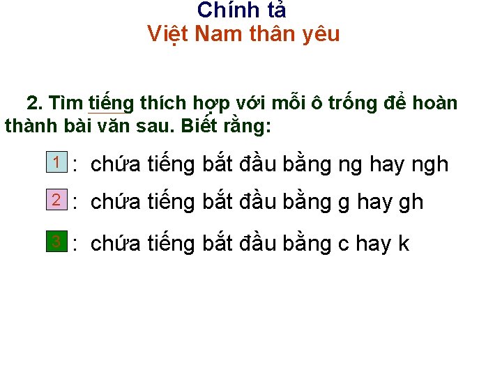 Chính tả Việt Nam thân yêu 2. Tìm tiếng thích hợp với mỗi ô Chính tả Việt Nam thân yêu 2. Tìm tiếng thích hợp với mỗi ô