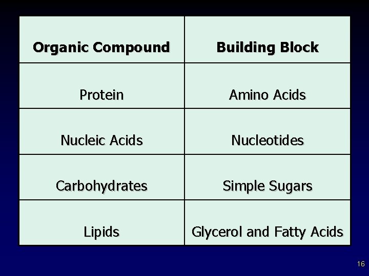 Organic Compound Building Block Protein Amino Acids Nucleic Acids Nucleotides Carbohydrates Simple Sugars Lipids