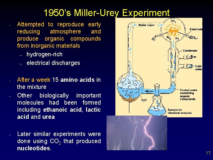 1950’s Miller-Urey Experiment • • Attempted to reproduce early reducing atmosphere and produce organic