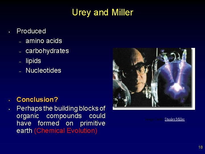 Urey and Miller • • • Produced – amino acids – carbohydrates – lipids