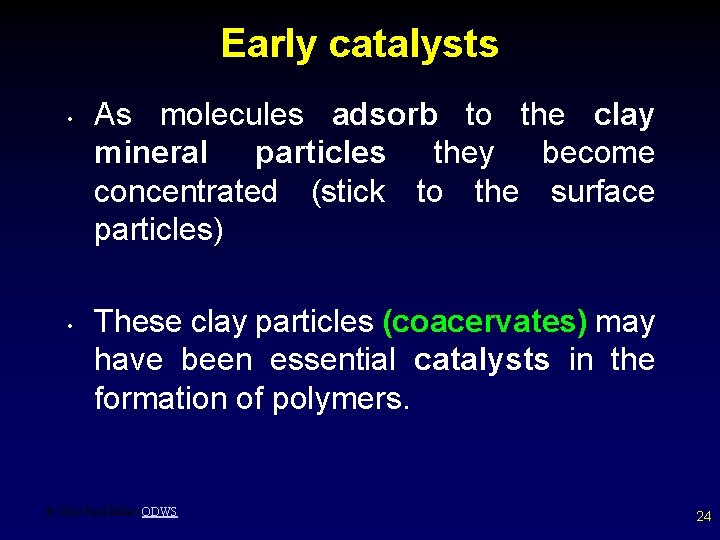 Early catalysts • • As molecules adsorb to the clay mineral particles they become