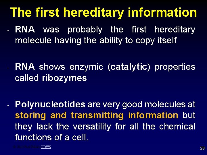 The first hereditary information • • • RNA was probably the first hereditary molecule