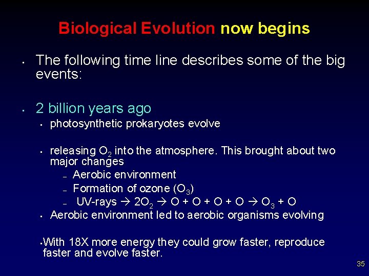 Biological Evolution now begins • • The following time line describes some of the