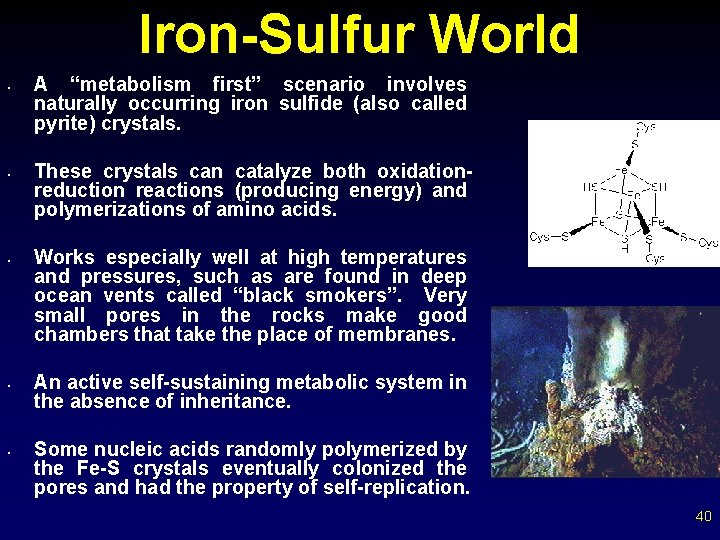 Iron-Sulfur World • • • A “metabolism first” scenario involves naturally occurring iron sulfide