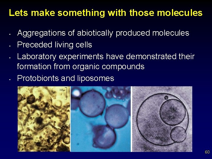 Lets make something with those molecules • • Aggregations of abiotically produced molecules Preceded