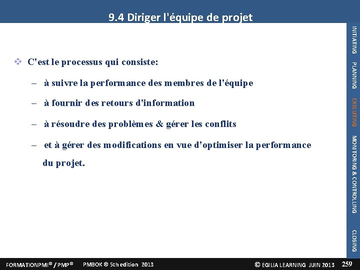 9. 4 Diriger l'équipe de projet PLANNING C'est le processus qui consiste: INITIATING 4.