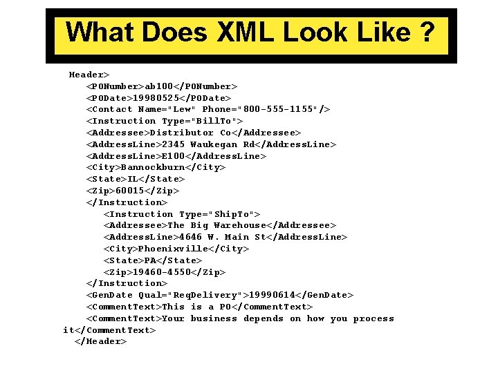 What Does XML Look Like ? <Header> <PONumber>ab 100</PONumber> <PODate>19980525</PODate> <Contact Name="Lew" Phone="800 -555