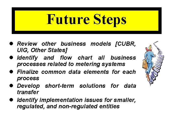Future Steps l Review other business models [CUBR, UIG, Other States] l Identify and