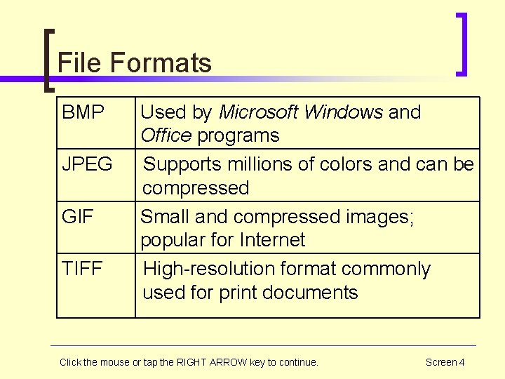 File Formats BMP JPEG GIF TIFF Used by Microsoft Windows and Office programs Supports