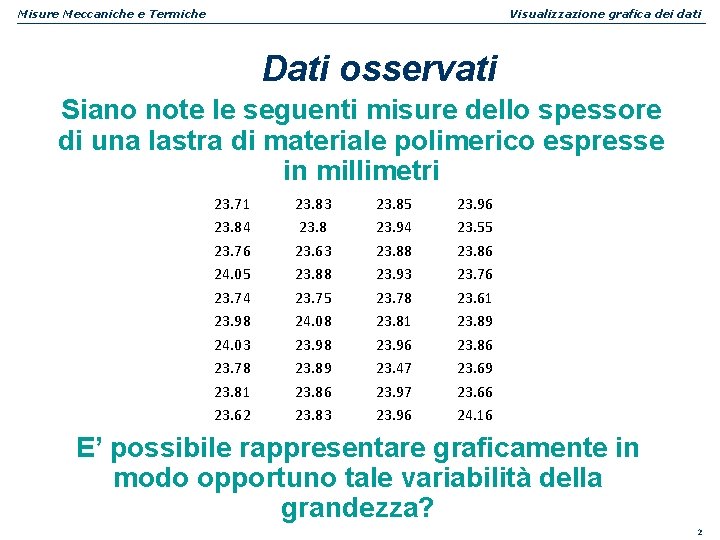 Misure Meccaniche e Termiche Visualizzazione grafica dei dati Dati osservati Siano note le seguenti Misure Meccaniche e Termiche Visualizzazione grafica dei dati Dati osservati Siano note le seguenti