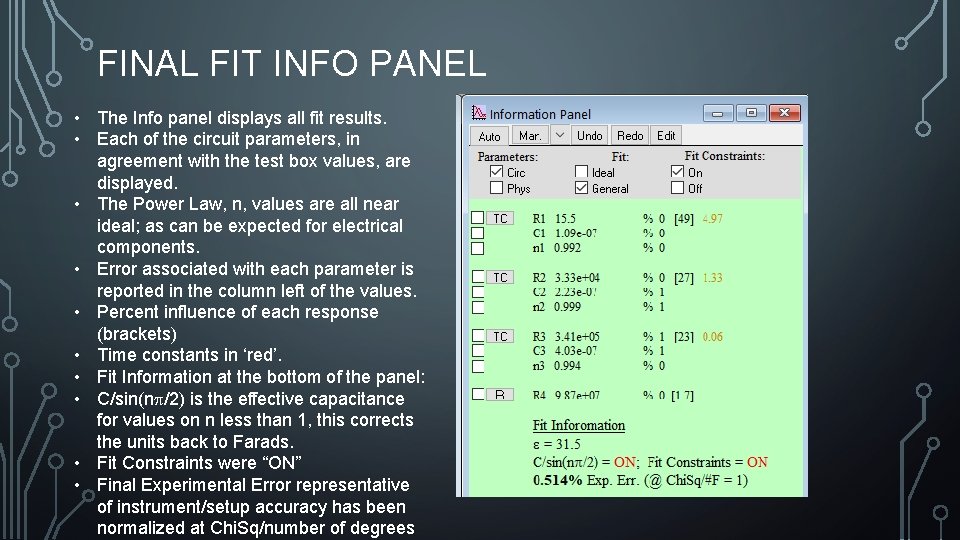 FINAL FIT INFO PANEL • The Info panel displays all fit results. • Each