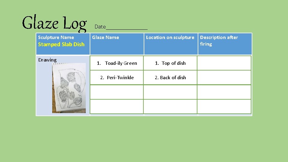 Glaze Log Sculpture Name Stamped Slab Dish Drawing Date_______ Glaze Name Location on sculpture