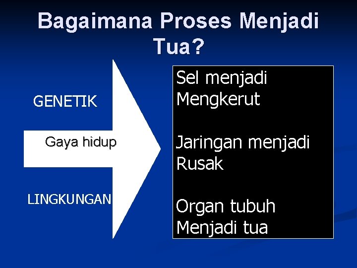 Bagaimana Proses Menjadi Tua? GENETIK Gaya hidup LINGKUNGAN Sel menjadi Mengkerut Jaringan menjadi Rusak