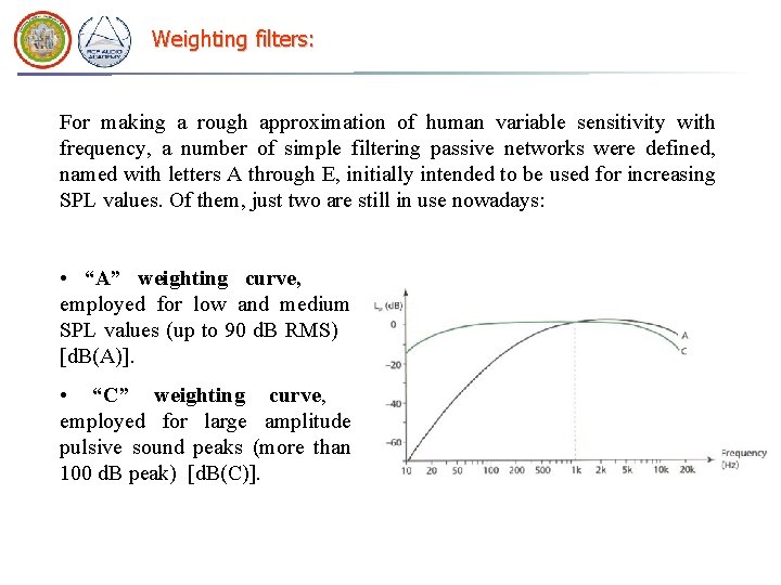 Weighting filters: For making a rough approximation of human variable sensitivity with frequency, a