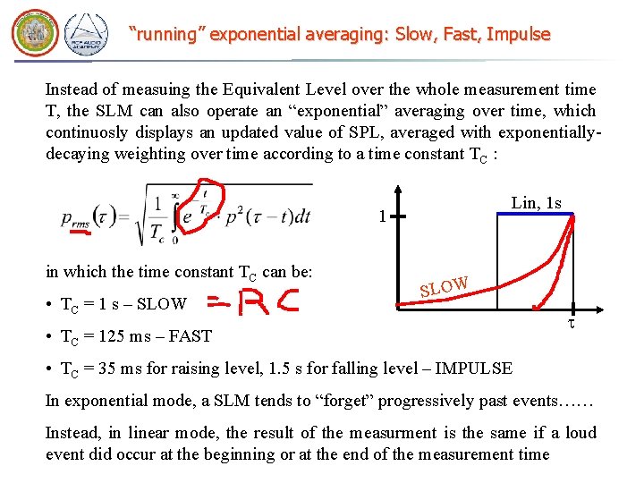 “running” exponential averaging: Slow, Fast, Impulse Instead of measuing the Equivalent Level over the