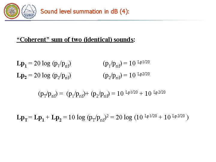 Sound level summation in d. B (4): “Coherent” sum of two (identical) sounds: Lp
