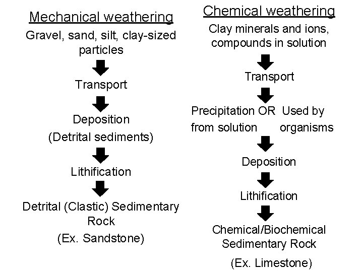 Mechanical weathering Gravel, sand, silt, clay-sized particles Transport Deposition (Detrital sediments) Lithification Detrital (Clastic)