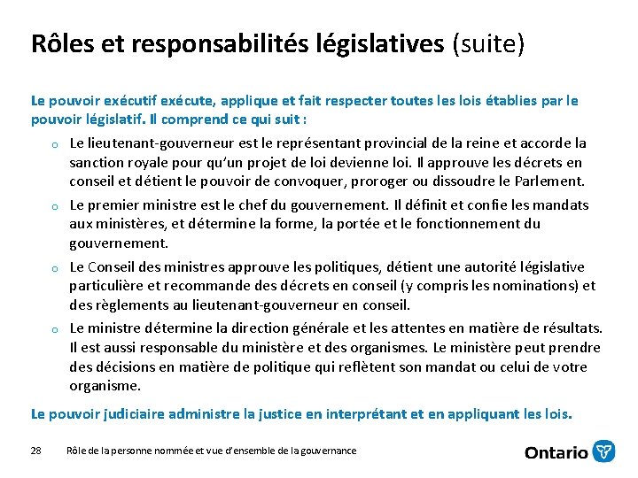 Rôles et responsabilités législatives (suite) Le pouvoir exécutif exécute, applique et fait respecter toutes