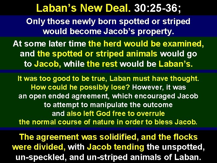 Laban’s New Deal. 30: 25 -36; Only those newly born spotted or striped would