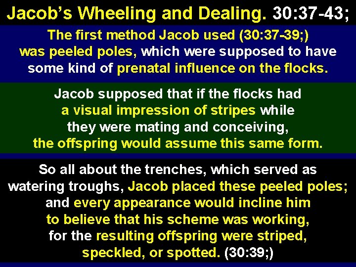 Jacob’s Wheeling and Dealing. 30: 37 -43; The first method Jacob used (30: 37
