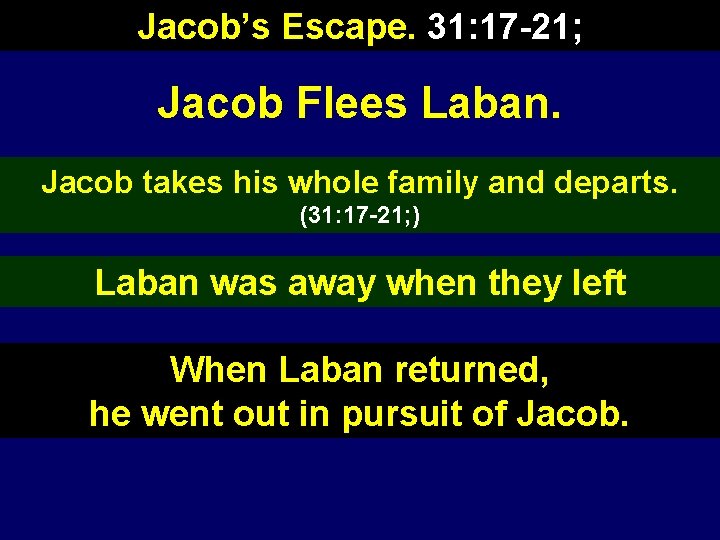 Jacob’s Escape. 31: 17 -21; Jacob Flees Laban. Jacob takes his whole family and