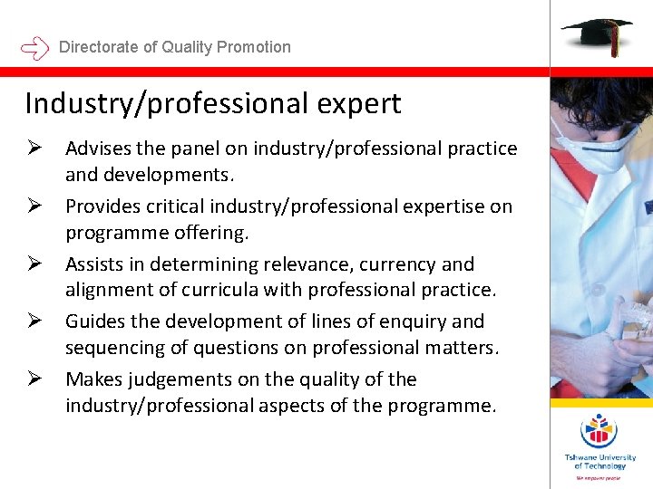 Directorate of Quality Promotion Industry/professional expert Ø Advises the panel on industry/professional practice and Directorate of Quality Promotion Industry/professional expert Ø Advises the panel on industry/professional practice and
