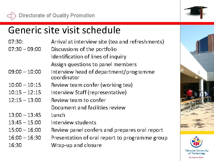 Directorate of Quality Promotion Generic site visit schedule 07: 30: 07: 30 – 09: Directorate of Quality Promotion Generic site visit schedule 07: 30: 07: 30 – 09:
